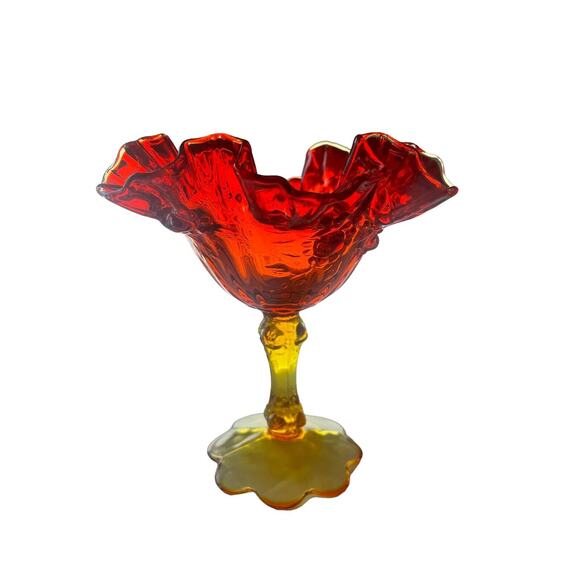 Fenton Amberina Glass Cabbage Rose Ruffled Red Compote with Yellow Pedestal - Picture 1 of 3
